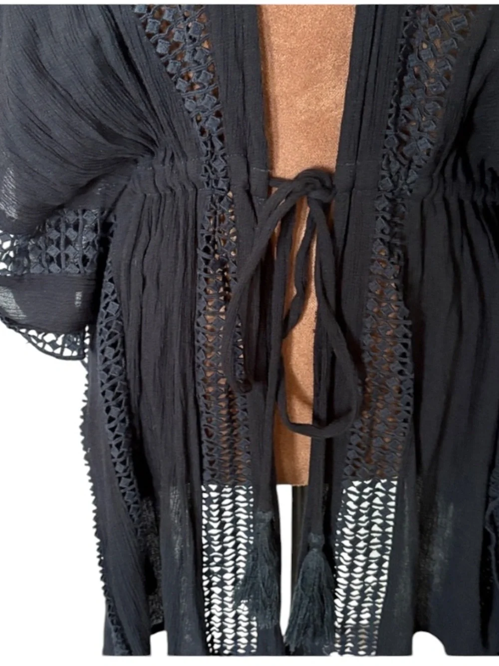 Elan Black Crochet Trim Beach Cover Up Kimono Boho Flowy Tunic Tassel Tie Small